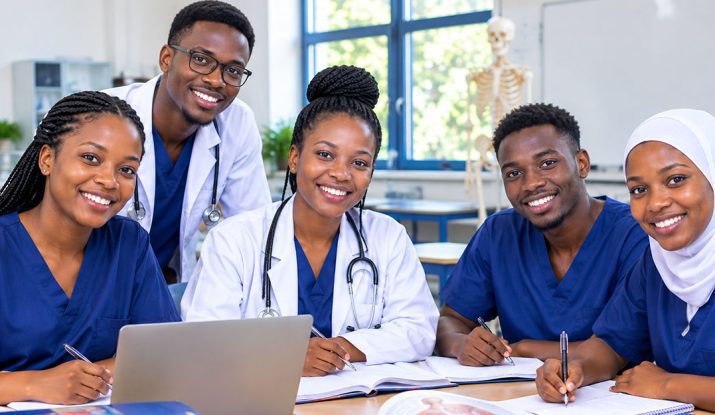 A diverse group of medical students studying at the library. Best Certificate Medical Courses in Kenya. paula training institute.