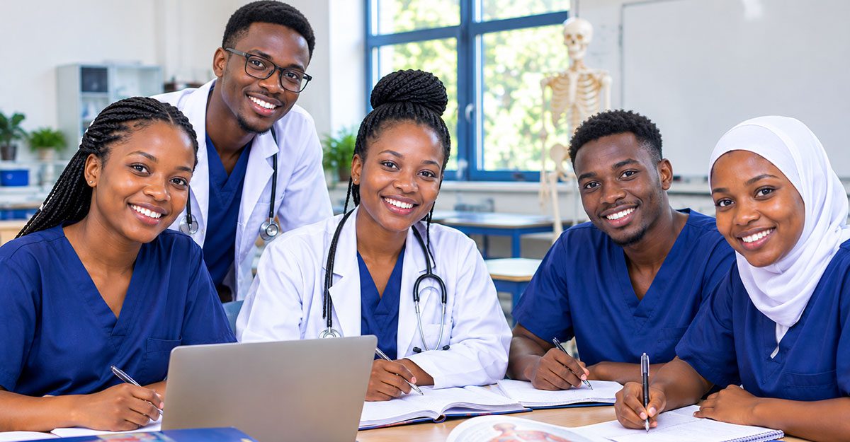 A diverse group of medical students studying at the library. Best Certificate Medical Courses in Kenya. paula training institute.