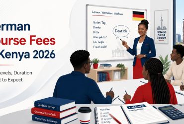 german course fees in kenya a diverse group of young adult Kenyan students in a modern language classroom learning German, with one professional African female German-language instructor at the front of the class. German Course Fees in Kenya.
