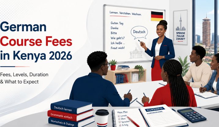 a diverse group of young adult Kenyan students in a modern language classroom learning German, with one professional African female German-language instructor at the front of the class. German Course Fees in Kenya.