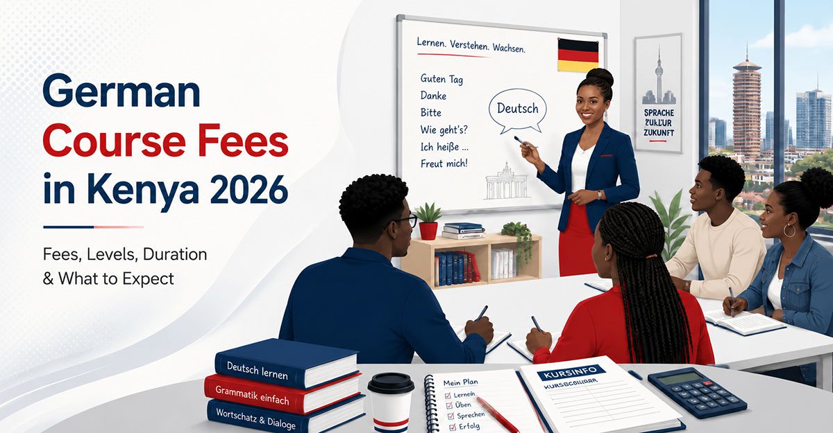 a diverse group of young adult Kenyan students in a modern language classroom learning German, with one professional African female German-language instructor at the front of the class. German Course Fees in Kenya.