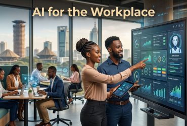 Professional African man and woman analyzing predictive analytics and smart dashboards on an interactive digital display in a modern Nairobi office. AI for the marketplace