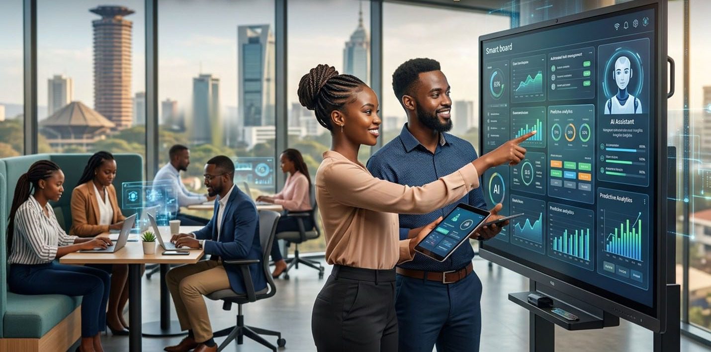 A man and woman reviewing smart dashboards on a digital display in a modern Nairobi office