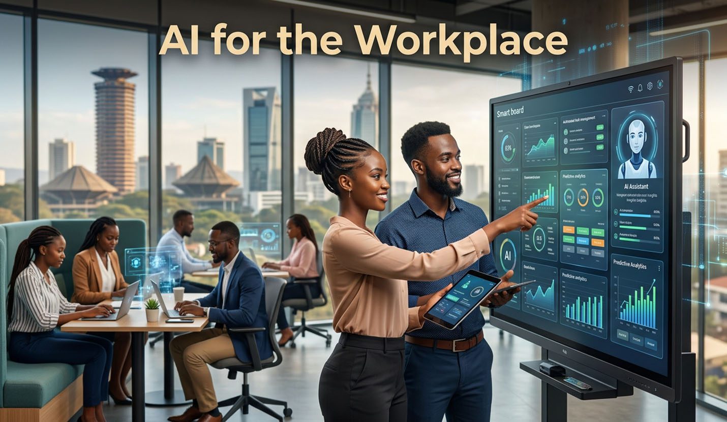 Professional African man and woman analyzing predictive analytics and smart dashboards on an interactive digital display in a modern Nairobi office. AI for the marketplace