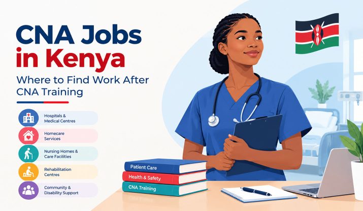 CNA jobs in kenya. A professional certified nursing assistant wearing blue scrubs and a stethoscope.
