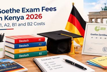 Goethe Exam Fees in Kenya 2026 Goethe exam fees in Kenya 2026, featuring German study books, a graduation cap, certificate and German flag.