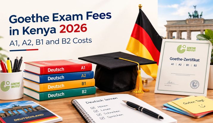 Goethe exam fees in Kenya 2026, featuring German study books, a graduation cap, certificate and German flag.