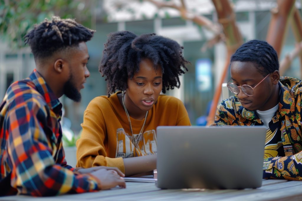 Teenagers collaborating on a laptop at the AI Mavericks Capstone Challenge