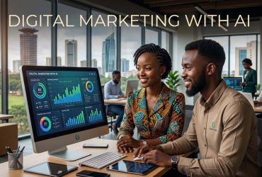 Digital marketing with AI An African female and male professional working together on a desktop monitor displaying AI digital marketing analytics in a modern Nairobi office with skyline views. Digital marketing with AI