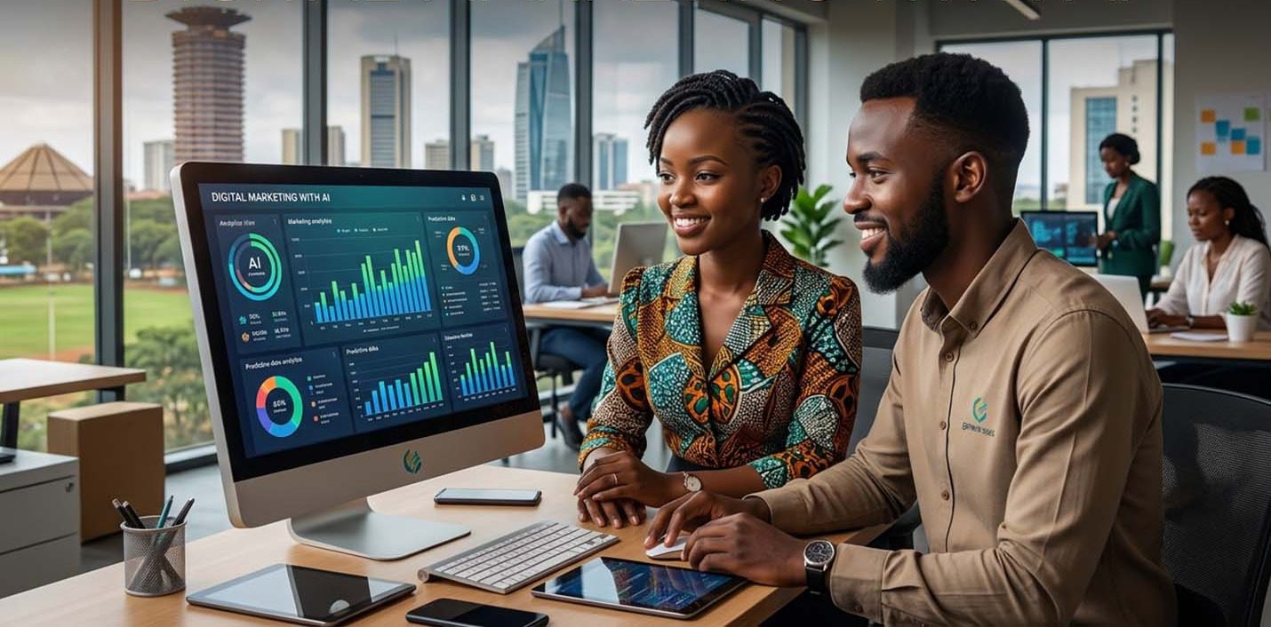 Two professionals reviewing AI digital marketing analytics in a modern Nairobi office
