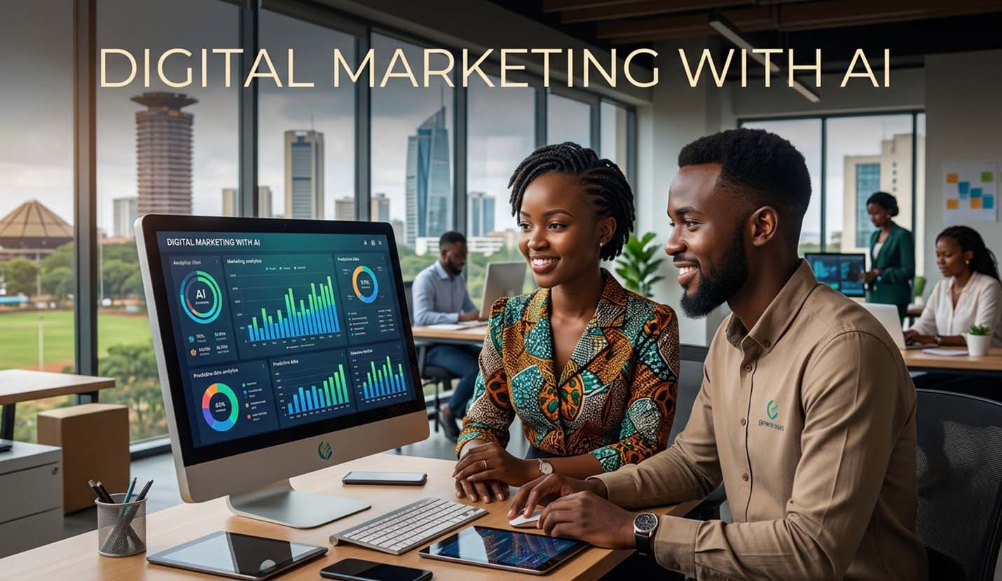 An African female and male professional working together on a desktop monitor displaying AI digital marketing analytics in a modern Nairobi office with skyline views. Digital marketing with AI